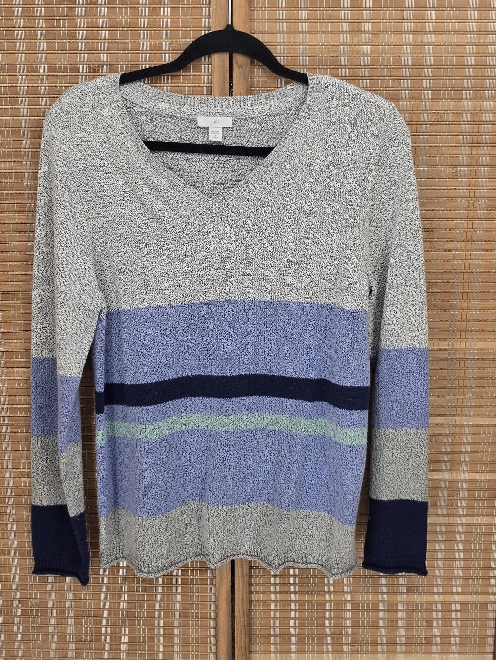 J Jill Light Gray & Lavender Striped V-Neck Women's Sweater Size Small Petite